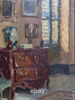 Tableau ancien huile La commode Paul HUGUES Paul intérieur Salon Parisien