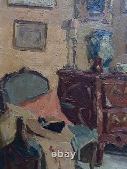 Tableau ancien huile La commode Paul HUGUES Paul intérieur Salon Parisien