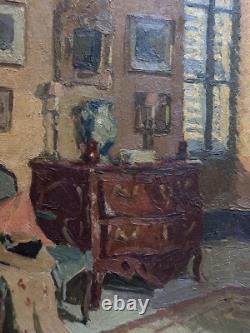 Tableau ancien huile La commode Paul HUGUES Paul intérieur Salon Parisien