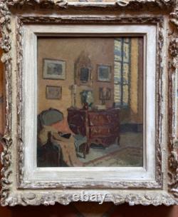 Tableau ancien huile La commode Paul HUGUES Paul intérieur Salon Parisien