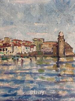 Tableau ancien huile Marine vue de Collioure 1953 post impressionniste signée