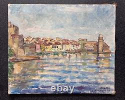 Tableau ancien huile Marine vue de Collioure 1953 post impressionniste signée