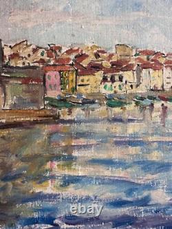 Tableau ancien huile Marine vue de Collioure 1953 post impressionniste signée