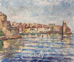 Tableau ancien huile Marine vue de Collioure 1953 post impressionniste signée