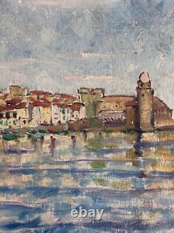 Tableau ancien huile Marine vue de Collioure 1953 post impressionniste signée