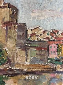 Tableau ancien huile Marine vue de Collioure 1953 post impressionniste signée