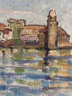 Tableau ancien huile Marine vue de Collioure 1953 post impressionniste signée