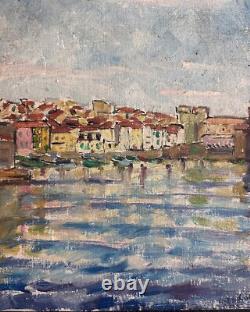 Tableau ancien huile Marine vue de Collioure 1953 post impressionniste signée