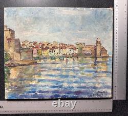 Tableau ancien huile Marine vue de Collioure 1953 post impressionniste signée