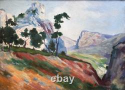 Tableau ancien huile Montagne Alpilles signé sommet arboré cadre XX ème