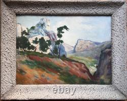 Tableau ancien huile Montagne Alpilles signé sommet arboré cadre XX ème