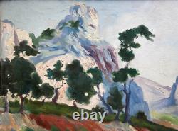 Tableau ancien huile Montagne Alpilles signé sommet arboré cadre XX ème