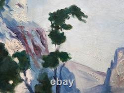 Tableau ancien huile Montagne Alpilles signé sommet arboré cadre XX ème