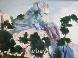 Tableau ancien huile Montagne Alpilles signé sommet arboré cadre XX ème