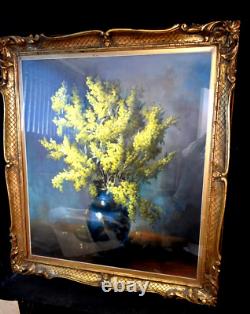 Tableau ancien huile Nature morte aux mimosas fleurs signé XXème