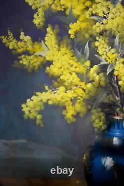 Tableau ancien huile Nature morte aux mimosas fleurs signé XXème