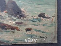Tableau ancien huile Paysage signé René TENER Barbizon Seascape Oil Painting