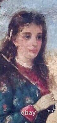 Tableau ancien huile XIX femme à l'ombrelle chien Coquelicot Walter SHAW SPARROW