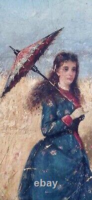 Tableau ancien huile XIX femme à l'ombrelle chien Coquelicot Walter SHAW SPARROW