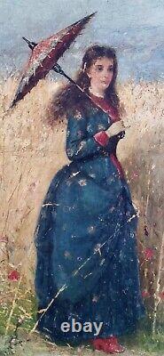 Tableau ancien huile XIX femme à l'ombrelle chien Coquelicot Walter SHAW SPARROW