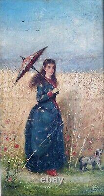 Tableau ancien huile XIX femme à l'ombrelle chien Coquelicot Walter SHAW SPARROW