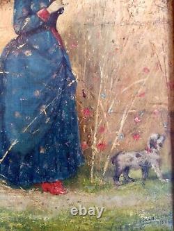 Tableau ancien huile XIX femme à l'ombrelle chien Coquelicot Walter SHAW SPARROW