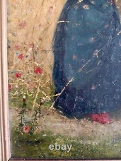 Tableau ancien huile XIX femme à l'ombrelle chien Coquelicot Walter SHAW SPARROW