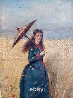Tableau ancien huile XIX femme à l'ombrelle chien Coquelicot Walter SHAW SPARROW