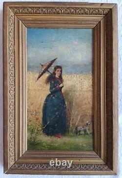 Tableau ancien huile XIX femme à l'ombrelle chien Coquelicot Walter SHAW SPARROW