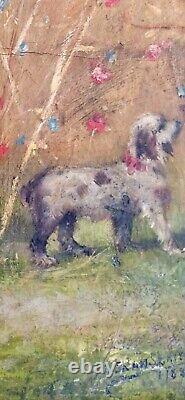 Tableau ancien huile XIX femme à l'ombrelle chien Coquelicot Walter SHAW SPARROW