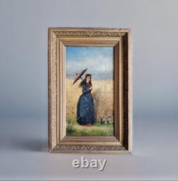 Tableau ancien huile XIX femme ombrelle chien Coquelicots Walter SHAW SPARROW