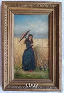 Tableau ancien huile XIX femme ombrelle chien Coquelicots Walter SHAW SPARROW