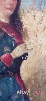 Tableau ancien huile XIX femme ombrelle chien Coquelicots Walter SHAW SPARROW