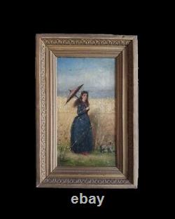 Tableau ancien huile XIX femme ombrelle chien Coquelicots Walter SHAW SPARROW