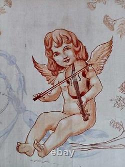 Tableau ancien huile allégorie angelots putti musicien flûte violon ruban