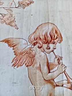Tableau ancien huile allégorie angelots putti musicien flûte violon ruban