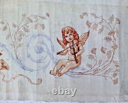 Tableau ancien huile allégorie angelots putti musicien flûte violon ruban