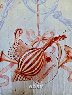 Tableau ancien huile allégorie angelots putti musicien flûte violon ruban