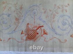 Tableau ancien huile allégorie angelots putti musicien flûte violon ruban