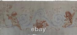 Tableau ancien huile allégorie angelots putti musicien flûte violon ruban