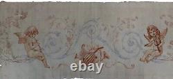 Tableau ancien huile allégorie angelots putti musicien flûte violon ruban