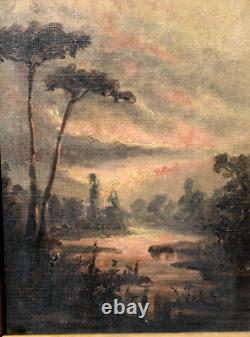 Tableau ancien huile bord de rivière nocturne école Française XIXème