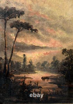 Tableau ancien huile bord de rivière nocturne école Française XIXème