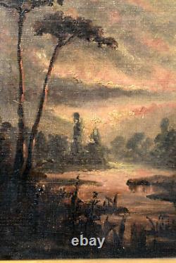 Tableau ancien huile bord de rivière nocturne école Française XIXème