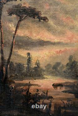 Tableau ancien huile bord de rivière nocturne école Française XIXème