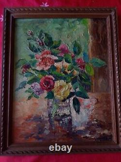 Tableau ancien huile bouquet de roses XX