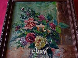 Tableau ancien huile bouquet de roses XX