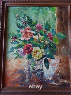 Tableau ancien huile bouquet de roses XX