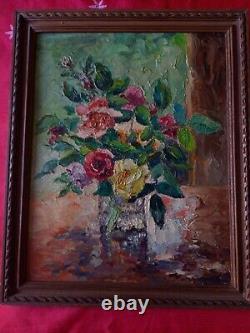 Tableau ancien huile bouquet de roses XX