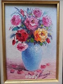Tableau ancien huile bouquet pivoines multicolore sig